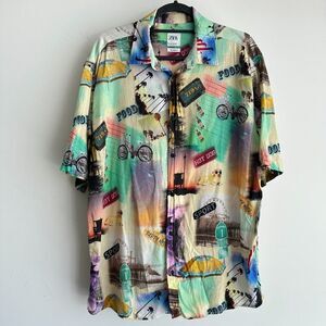 Zara Shirt Mens Medium Linen Blend Camp Loud Novelty AOP Surf Cali Y2K Festival